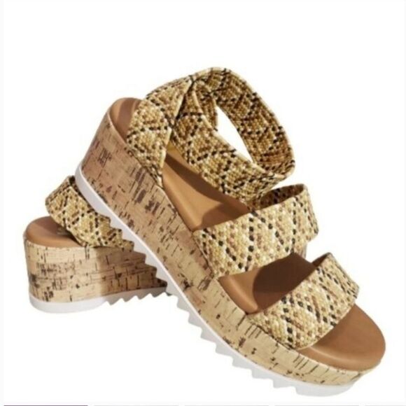 R2 Womens Neutral Boho Bandi Chunky Wedge Platform Sandal Natural Rafia Size 9.5 - Picture 1 of 7